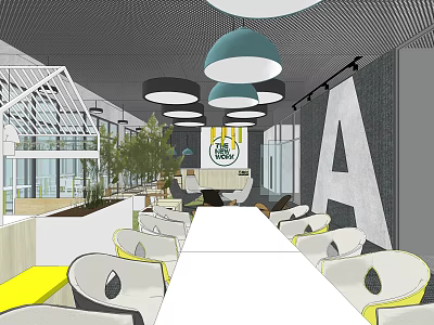 Spacious Lounge Area Interior With Pendant Lights Green Plants And Letter A Wall Art 3d model
