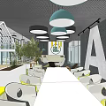 Spacious Lounge Area Interior With Pendant Lights Green Plants And Letter A Wall Art