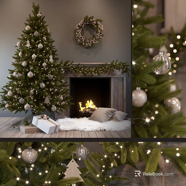 Cozy Garden Christmas Scene With Decorated Tree Wreath Ornaments Lights Gifts And Fire 3d model 