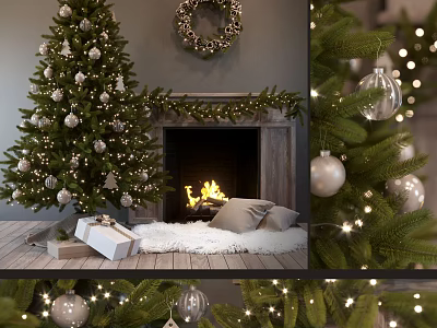 Cozy Garden Christmas Scene With Decorated Tree Wreath Ornaments Lights Gifts And Fire 3d model