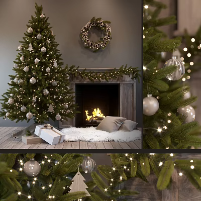 Cozy Garden Christmas Scene With Decorated Tree Wreath Ornaments Lights Gifts And Fire 3d model