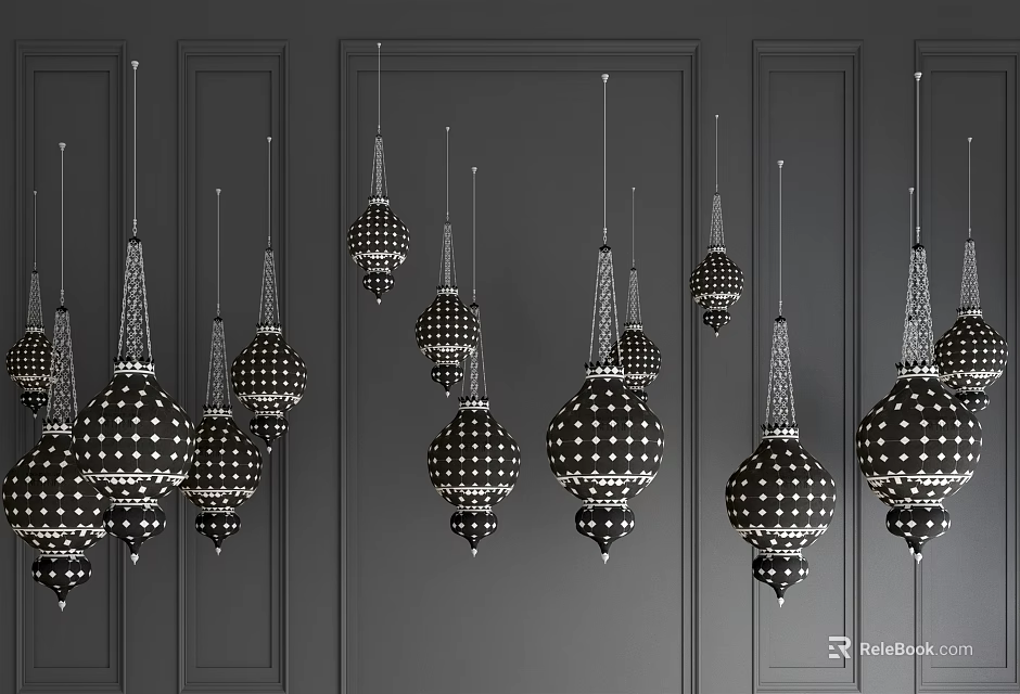Elegant Black White Polka Dot Chandeliers Hanging in Modern Interior Space 3d model 
