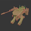 Golden Sci Fi Tank 3D Model With Multi Barrel Cannons And Mechanical Legs Design