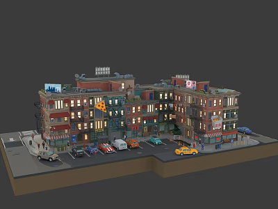 Cartoon City Block Scene With Multi Story Colorful Buildings Lit Windows Shops And Taxi Cars 3d model