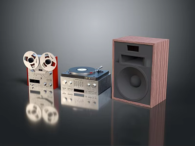Retro Audio Setup Featuring Wooden Speaker Turntable And Vintage Tape Recorder 3d model