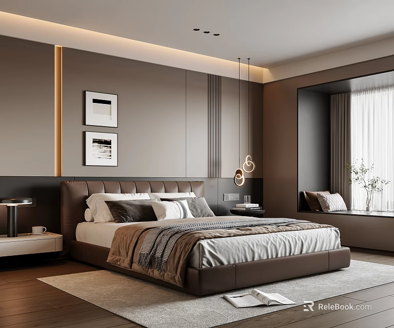 Modern Bedroom Interior With Bed Wall Art Nightstands Pendant Lights And Area Rug 3d model 