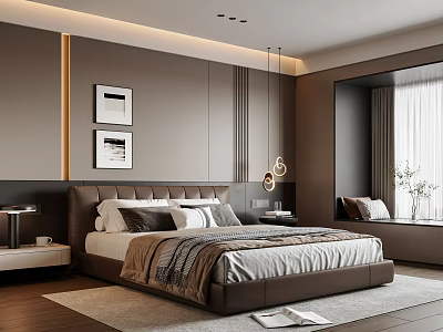 Modern Bedroom Interior With Bed Wall Art Nightstands Pendant Lights And Area Rug 3d model