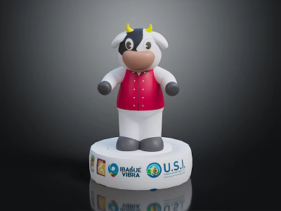 Decorative Cow Themed Furniture Figurine With Red Vest And China USA Logo Base 3d model