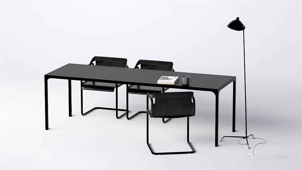 Modern Black Desk With Ergonomic Chairs Floor Lamp And Tabletop Notebook 3d model