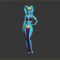 Blue Skinned Game Movie Character With Double Bun Hairstyle Purple Yellow Outfit And Golden Accessories
