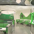Modern Green Hotpot Restaurant Interior Design With Green Walls Dining Tables And Seats