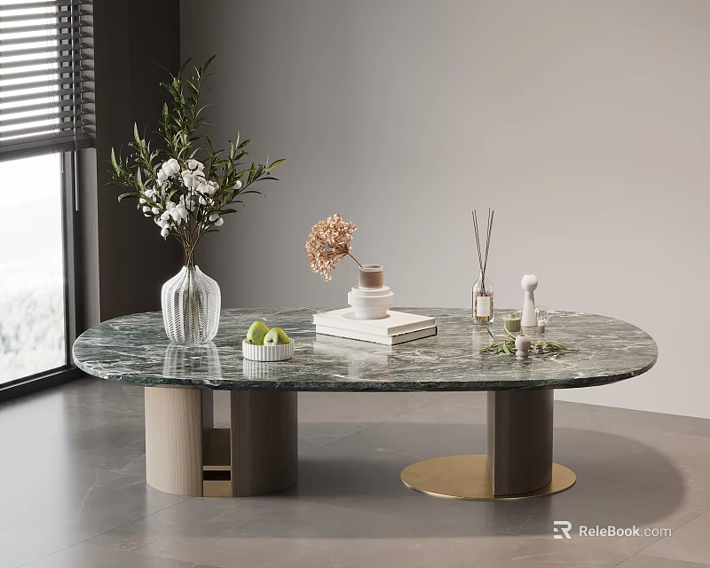 Modern Oval Marble Coffee Table With Gold Cylindrical Bases And Decorative Vase Plants Books 3d model 