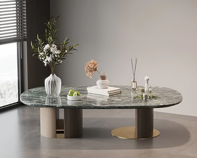Modern Oval Marble Coffee Table With Gold Cylindrical Bases And Decorative Vase Plants Books 3d model