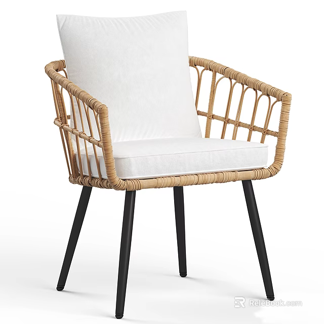 Woven Rattan Leisure Chair With White Cushion And Black Wooden Legs 3d model 