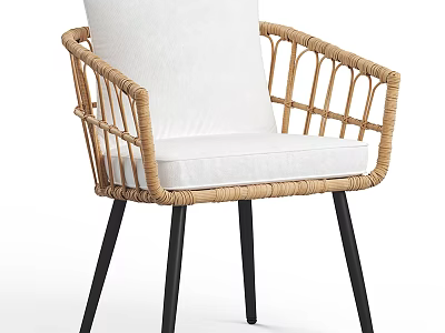 Woven Rattan Leisure Chair With White Cushion And Black Wooden Legs 3d model