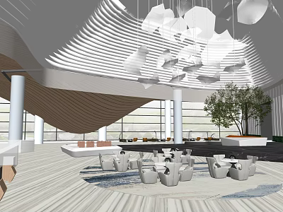 Modern Sales Office Interior Design With Unique Ceiling Hanging Lights Seating Area And Green Plant 3d model