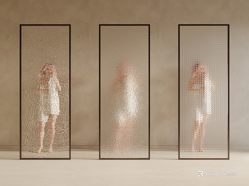 Transparent Partitions With Black Frame Cracked Texture And Female Figure On Light Brown Wall Floor 3d model 