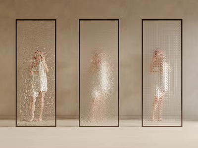 Transparent Partitions With Black Frame Cracked Texture And Female Figure On Light Brown Wall Floor 3d model