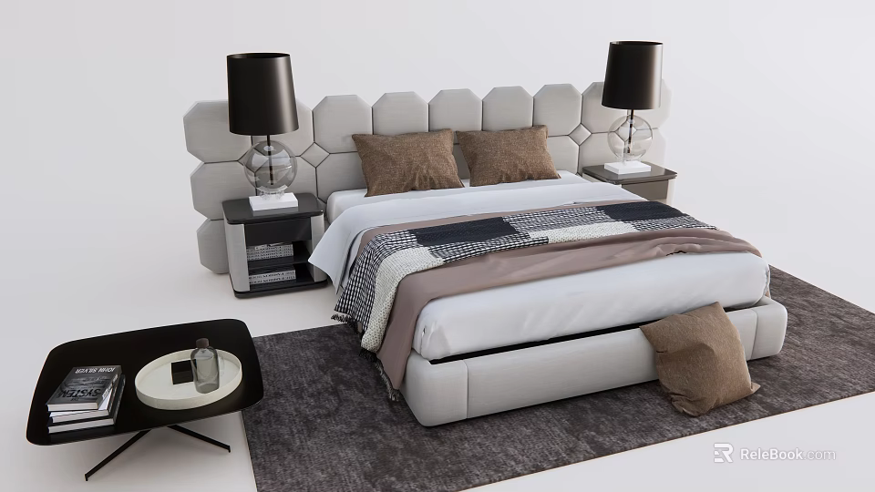 Modern Double Bed with Hexagonal Tufted Headboard Brown Pillows and Black Table Lamps 3d model