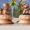 Golden Mythical Beast Sculptures With Ornate Bases Featuring Intricate Carvings Against Lush Trees And Palm Trees