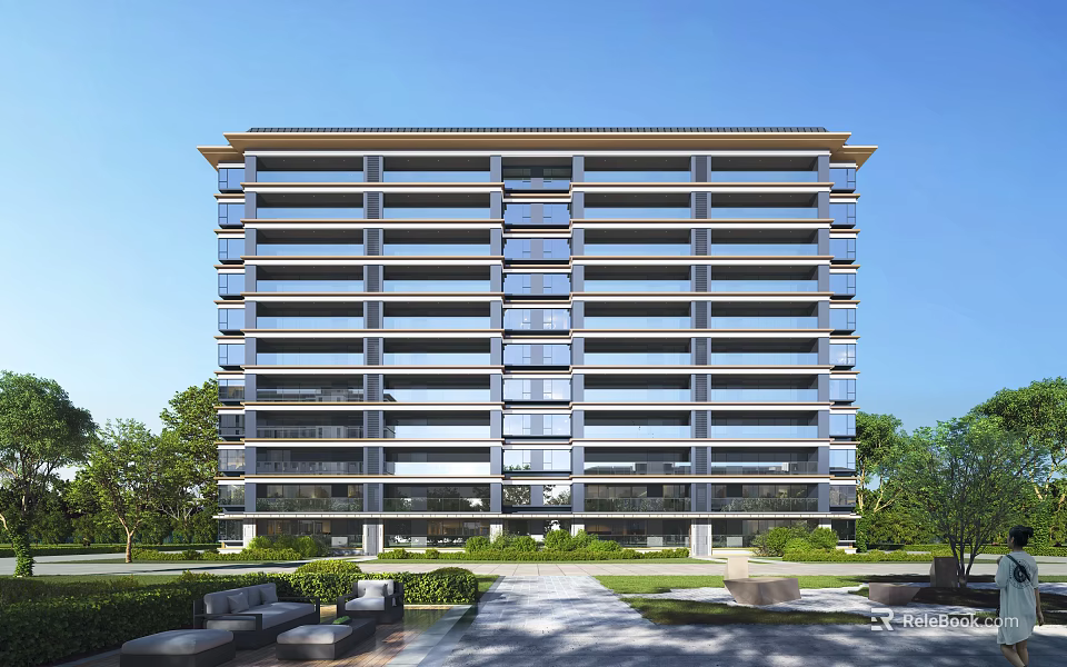 Modern High Rise Residential Building With Glass Facade And Landscaped Garden 3d model 