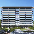 Modern High Rise Residential Building With Glass Facade And Landscaped Garden