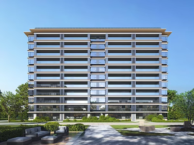 Modern High Rise Residential Building With Glass Facade And Landscaped Garden 3d model