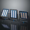 Three Modern Furniture Display Units With Blue Frame White Brown Panels And Stand