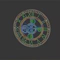 Luxury Mechanical Clock with Golden Frame Roman Numerals and Intricate Gears on Dark Reflective Surface