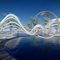 Modern Sleek Landscape Sculpture With Curved Design Water Reflection And Trees Under Blue Sky