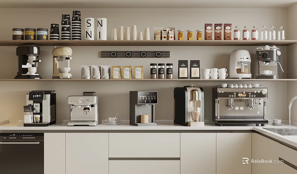 Modern Kitchen Interior With Coffee Machines And Various Kitchen Appliances On Shelves 3d model 