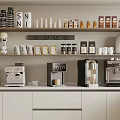 Modern Kitchen Interior With Coffee Machines And Various Kitchen Appliances On Shelves