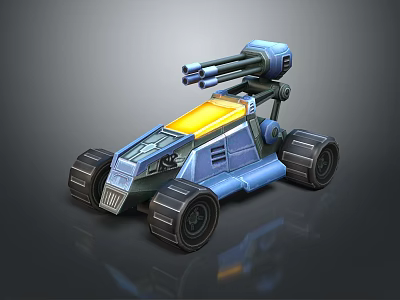 Futuristic Blue Military Vehicle With Yellow Roof Dual Cannons And Large Wheels 3d model