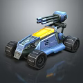 Futuristic Blue Military Vehicle With Yellow Roof Dual Cannons And Large Wheels