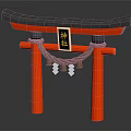 Traditional Japanese Torii Gate Featuring Red Pillars Black Lintel Plaque Rope And White Diamond Ornaments