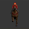 Game Movie Character Jockey Riding Brown Horse With Red Outfit Helmet And Number 1 Saddle