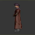 Man In Red Robe Wearing Purple Turban With Dark Garment Hands Crossed Against Gray Background