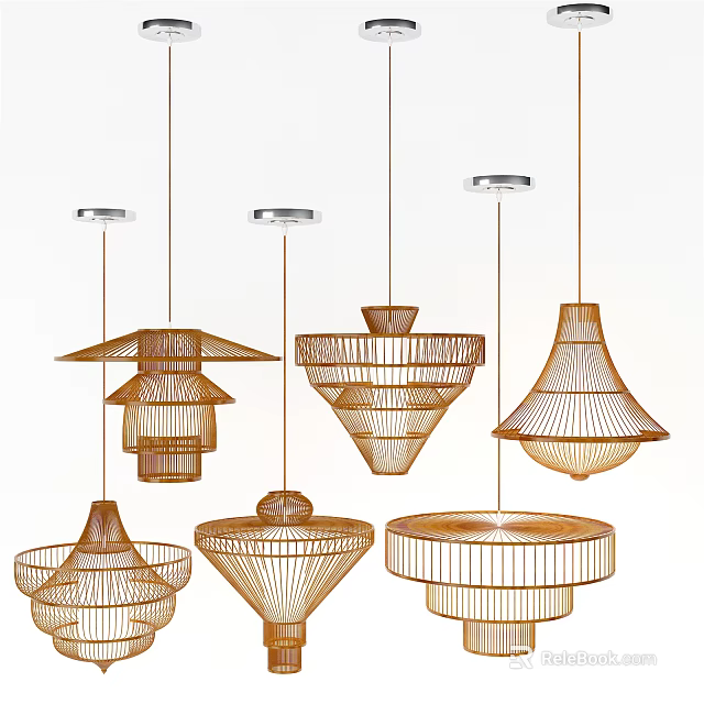 Woven Pendant Lights With Various Geometric Designs In Warm Brown Tone 3d model 