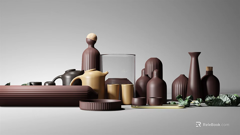 Modern Ceramic Tea Set With Teapot Cups Tray And Neutral Tones Design 3d model