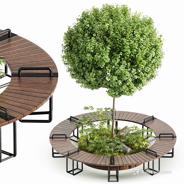 Circular Wooden Tree Pit With Surrounding Seating Metal Frame And Green Plants 3d model 