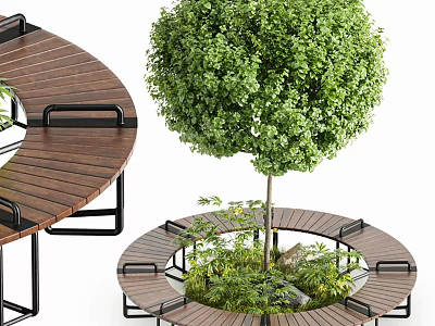 Circular Wooden Tree Pit With Surrounding Seating Metal Frame And Green Plants 3d model