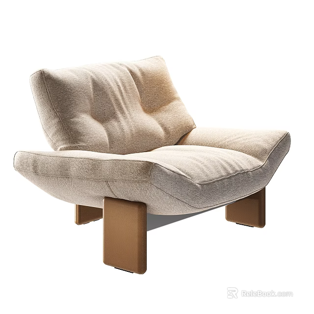 Modern Beige Padded Lounge Chair with Curved Backrest Seat and Wooden Legs 3d model 