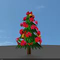 Christmas Tree With Green Branches Red Pink Flowers Yellow Bells Red Bows Against Blue Sky