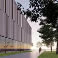Modern Architectural Exterior With Metal Panel Facade Glass Curtain Wall Green Lawn And Trees