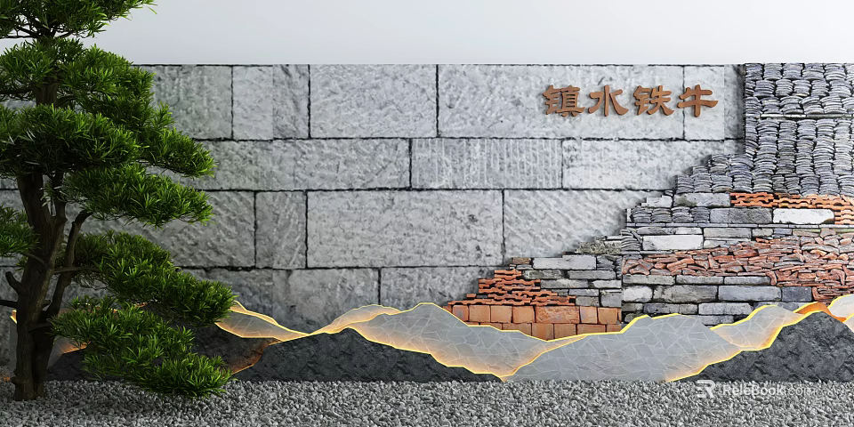Scenic Wall With Grey Stones Red Bricks Pine Tree Water Ripple Lighting And Gravel Ground 3d model 