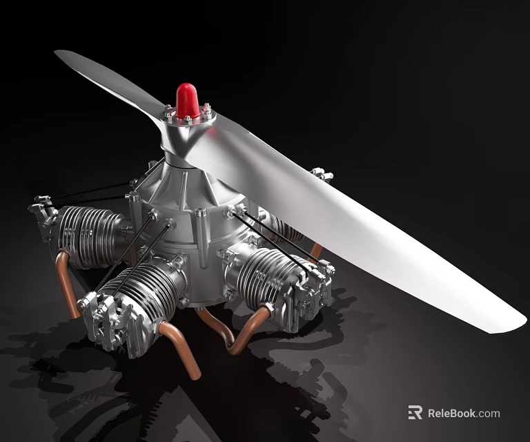 Radial Aircraft Engine With White Propeller Silver Metal Structure Copper Pipes And Red Top Component 3d model 
