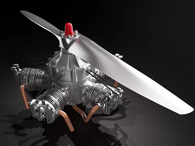 Radial Aircraft Engine With White Propeller Silver Metal Structure Copper Pipes And Red Top Component 3d model