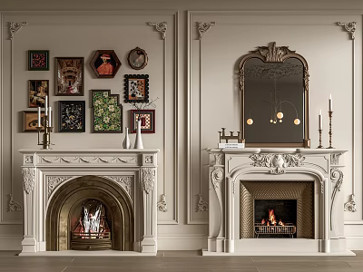 Classic Ornate Fireplaces With Carved Details Mirror Framed Art And Candle Holders 3d model