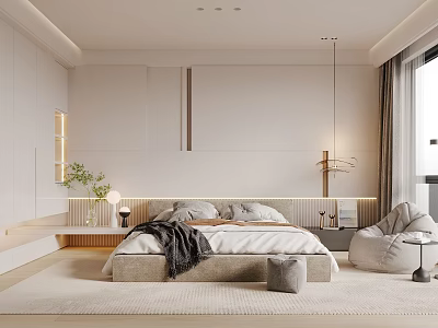 Modern Minimalist Bedroom Interior With Cozy Bed Pillows Throw Blanket And Bean Bag Chair 3d model