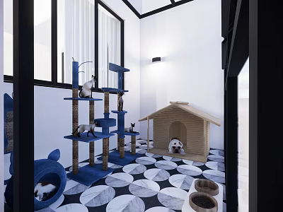 Villa Balcony With Blue Cat Trees Cats Wooden Dog House Puppy And Leaf Patterned Floor 3d model